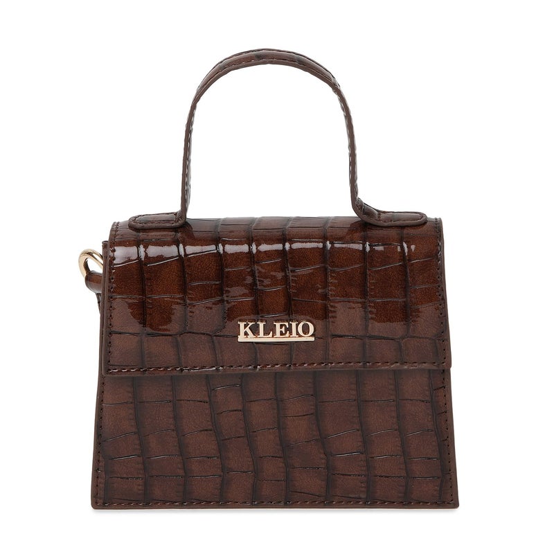 KLEIO PU Leather Top Handle Mini Handbag with Detachable Sling - Brown - Image 2